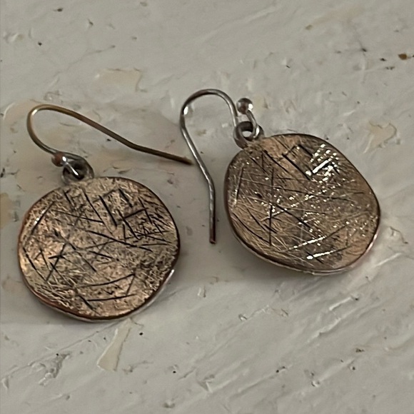 1” gold tone round textured medallion dangle earrings on hypoallergenic wires - Picture 6 of 13